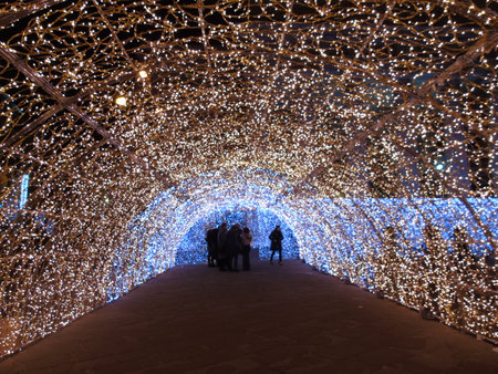 Genova, Italy - 12/15/2018:An amazing christmas decoration lights on the streets of Genova in winter with an artistic background and some people enjoing the momentのeditorial素材