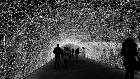 Genoa, Italy - 12/03/2018: An amazing street decoration lights on the streets of Genoa in the winter with an artistic background and some people enjoing the momentのeditorial素材