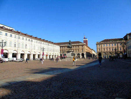 Turin, Italy - 10/02/2019: Traveling around North Italy. Beautiful caption of Turin wih sunny days and blue sky. Panoramic view to the city from Mole Antoneliana. Detailed photography of the old architectureのeditorial素材