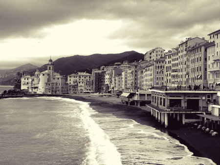 Genoa, Italy - 11/15/2019: Close-up of big waves breaking on the coast in Liguria, Italy, Europe. White waves on the cliff.のeditorial素材