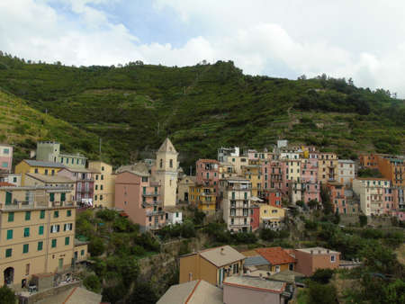Cinque Terre, Italy - 08/31/2020: Beautiful landscape of a coastal fishing village, amazing view on...