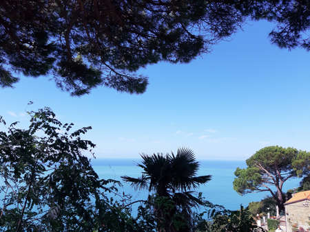 Cinque Terre, Italy - 09/02/2020: Beautiful landscape of a coastal fishing village, amazing view on...