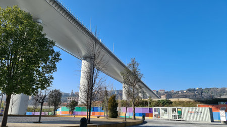 Genova, Italy- January 20, 2022: Beautiful viiew to the new bridge of Genova froom the bottom....