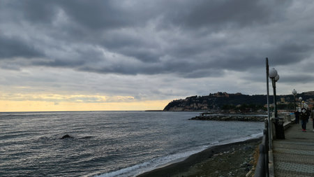 Genova, Italy - January 12, 2022 - Seascape, blue sky, clouds and sea in the tropical waters of the Mediterranean sea in winter days.のeditorial素材