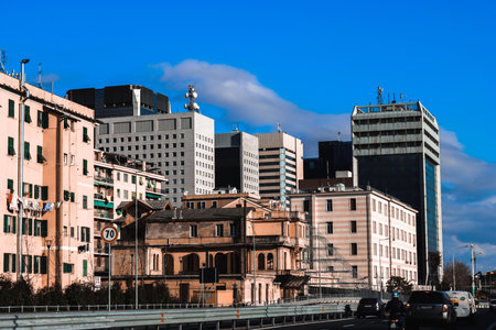 Genova, Italy-January 29, 2022: Beautiful modern high-rise buildings against the sky. 3d...