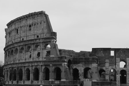Rome, Italy-June 28, 2022: Monocromatic photography of the famous buidings of Rome. Beautiful view to the Colosseum and the goverment palace.のeditorial素材