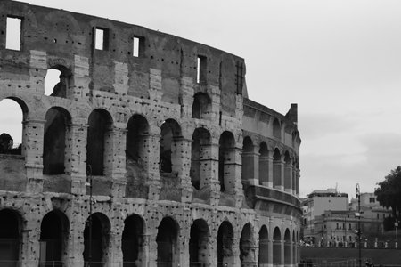 Rome, Italy-June 28, 2022: Monocromatic photography of the famous buidings of Rome. Beautiful view to the Colosseum and the goverment palace.のeditorial素材
