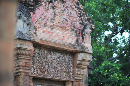 the stone castle in isan of thailand is the architecture culture old building from cambodia hindu and shiva religion by sandstone and lateriteのeditorial素材