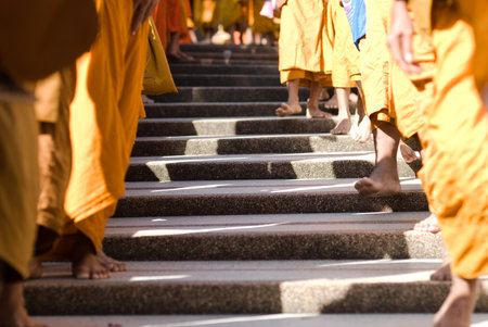 Khon Kaen, Thailand - Oct 28 : Tak Bat Devo Rohana is the Festival of buddhism for give food offerings to a Buddhist monk in the End of Buddhist Lent Day on the Oct 28, 2015 in Ubolratana District, Khon Kaen, Thailand.のeditorial素材