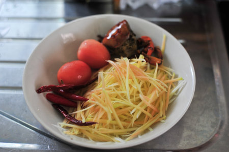 the papaya salad is the thai food for diet so hot and spicy cooking to deliciousの写真素材