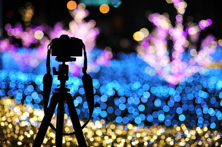 Blur focus of light on black background from lamp in night on Christmas before new year 2018 so beautiful romantic holidayの写真素材