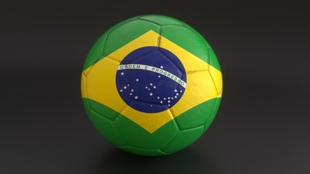 Brazil flag embedded in a soccer ball on gray backgroundの写真素材
