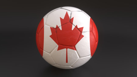 Canada flag embedded in a soccer ball on gray backgroundの写真素材