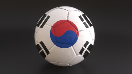 South Korea flag embedded in a soccer ball on gray backgroundの写真素材