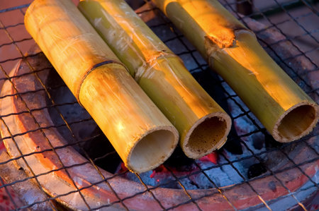 dessert cooked inside bambooの写真素材