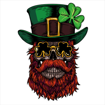 Happy saint patrick day. Holiday Irish celtic Leprechaun skull with hat, beard and clover leaf. Design for poster, t-shirt, cover, emblem, logo, sign, tattoo. Hand draw vector skull illustration.のイラスト素材