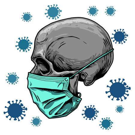 Skull in medical face mask. Infectious disease, flu protection, avoiding virus. Corona virus quarantine 2019-nCoV. Concept desing for print poster, shirt, desing tattoo, sigh. Vector illustration.のイラスト素材