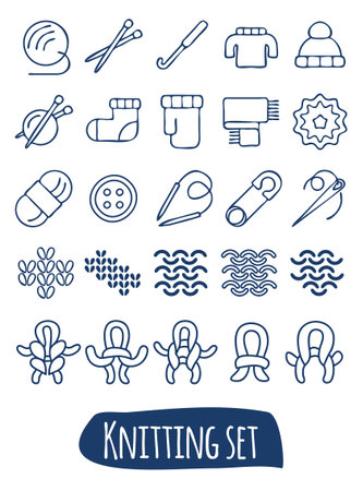 Knitting and needlework linear icon setのイラスト素材