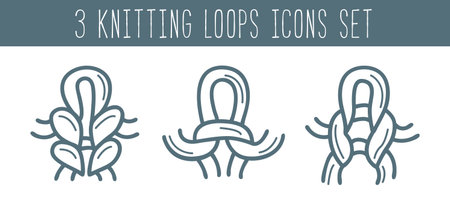 Knitting and needlework icon set isolated illustration in line style. Yarn and knitting needle loops symbols. Outline knitting loops sign collection on white background.のイラスト素材