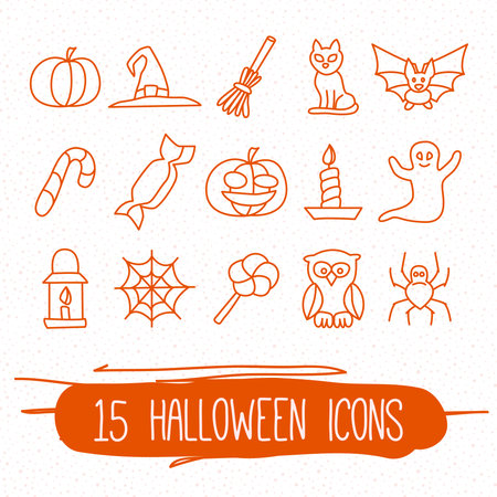 Set of fifteen halloween icons. Linear vector set.のイラスト素材