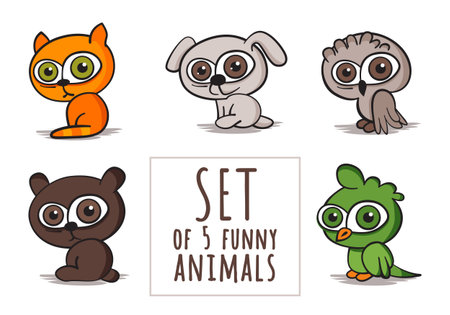 Set of five funny cartoon animals on white background. Vector illustration.の写真素材