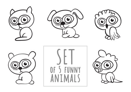 Set of five funny cartoon linear animals vector illustration.のイラスト素材