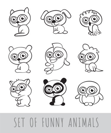 Set of funny contour cartoon animals on white background. Isolated black and white vector illustration.の写真素材