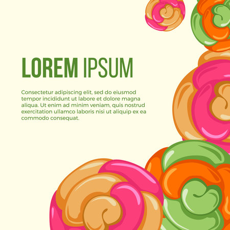 Square vector postcard and banner concept with candy and caramel sweets on light background with circles.のイラスト素材