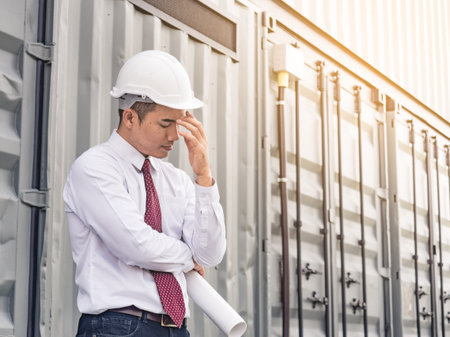 Exhausted/tired/sad/disappointed/frustrated young asian engineer/architect/businessman working at factory job siteの写真素材