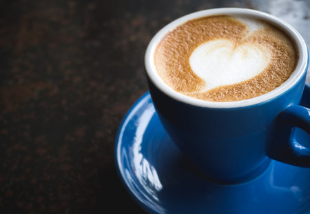 Coffee latte art with heart on top with copy spaceの写真素材