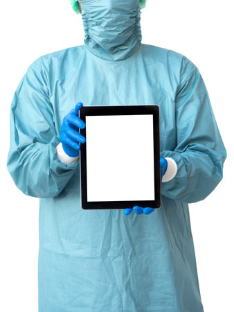Surgery doctor in uniform holding tablet with isolated screen on white background, medical conceptの写真素材