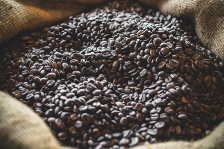 Coffee beans in sack vintage toneの写真素材