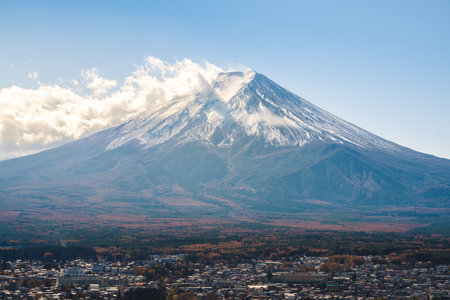Landscape view of Fuji san mountain in Japan, Kawaguchiko lake with vintage colorの写真素材