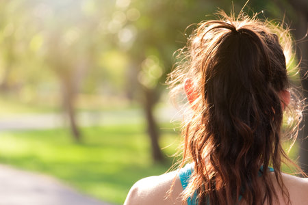 Woman fitness outdoor concept, young caucasian beautiful woman/sport girl running walking stretching and yoga at outdoor park with fresh, relax, happy feeling.の写真素材