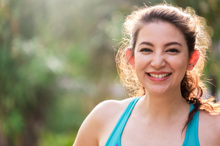 Woman fitness outdoor concept, young caucasian beautiful woman/sport girl running walking stretching and yoga at outdoor park with fresh, relax, happy feeling.の写真素材