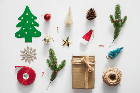 Christmas background with decorations over white background. flatlayの写真素材