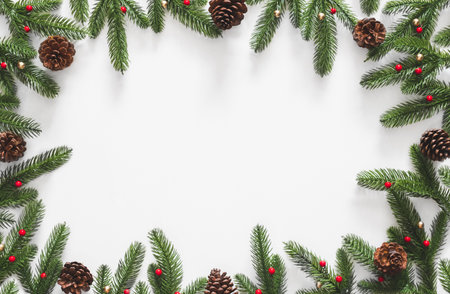 Christmas background, frame with fir branches tree pinecone over white background. flatlay copy spaceの写真素材
