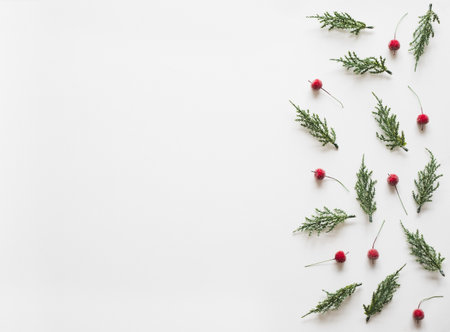 Christmas background, frame with fir branches tree pinecone over white background. flatlay copy spaceの写真素材