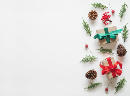 Christmas background, frame with fir branches tree pinecone gift and present over white background. flatlay copy spaceの写真素材