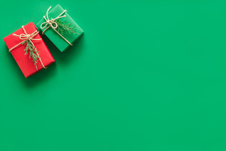 Christmas background with gift present over green background with copy space. flatlay topviewの写真素材