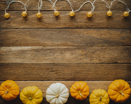Thanksgiving background, pumpkin, leaves and decoration on wood table background with copy space. flatlayの写真素材