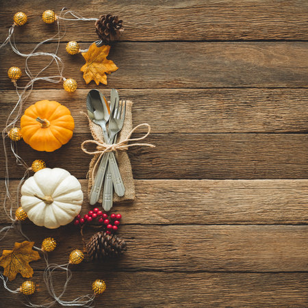 Thanksgiving background, pumpkin, leaves and decoration on wood table background with copy space. flatlayの写真素材