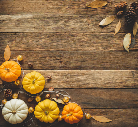 Thanksgiving background, pumpkin, leaves and decoration on wood table background with copy space. flatlayの写真素材