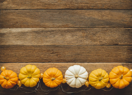 Thanksgiving background, pumpkin, leaves and decoration on wood table background with copy space. flatlayの写真素材
