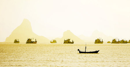 Fishing boat on the sea, water painting style