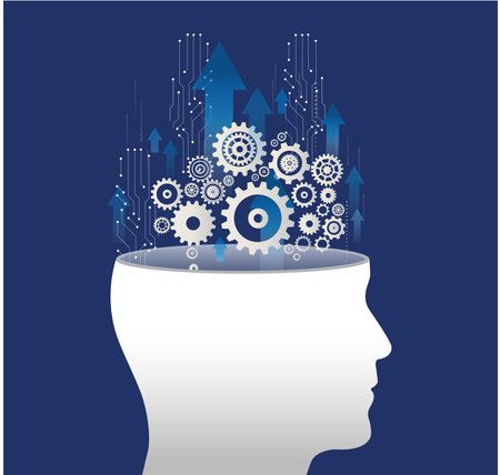 Human head and arrow up, next level improvement, self knowledge, skill training, emotional intelligence, design - Vectorのイラスト素材