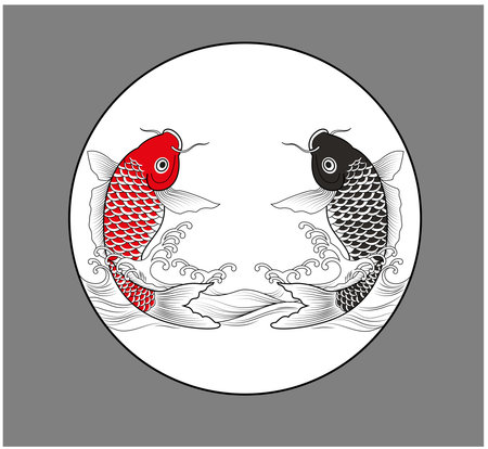 Double fish symbol in waves and sunlight, Chinese style vector.のイラスト素材