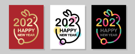Creative concept of 2023 Happy New Year posters set. The year of the rabbit. Creative rabbit text 2023. Happy Chinese New Year for banner, poster, card, calendar.のイラスト素材