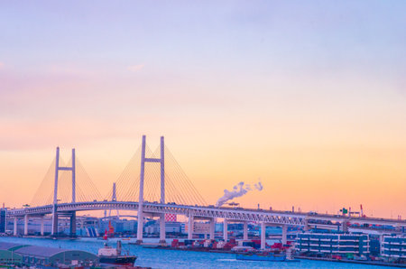 sunset at Minatonomieruoka park,yokohama,kanagawa,japanのeditorial素材
