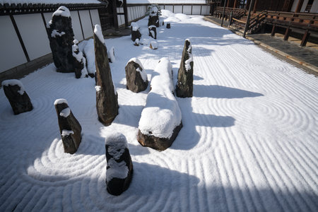 Hojo garden snow scene at Tofukuji temple,Kyoto,tourism of Japanのeditorial素材
